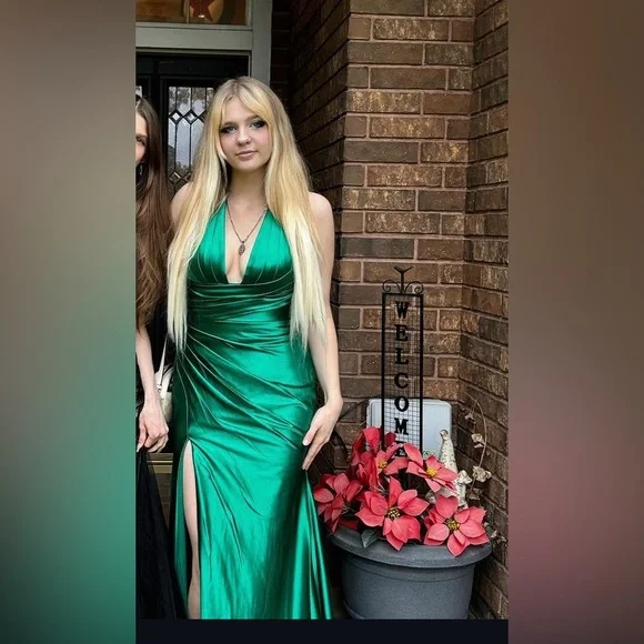 emerald green satin cocktail dress Emerald Green Pleated Satin Midi Dress 8 / Black main image 1